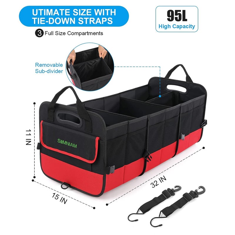 Simniam Large Trunk Organizer for Car, Collapsible Multi Compartment Car Trunk Organizer with 2 Retractable Straps, Suitable for All Kinds of Cars, SUV, Minivan - 4 Compartments Red - Image 3